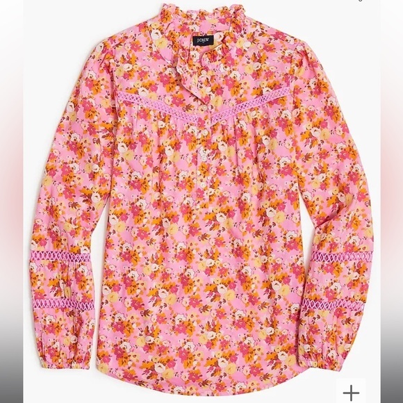 J. Crew Factory Floral Ruffleneck Shirt Long Sleeve Blouse Pink Orange Medium P2 - Picture 1 of 5